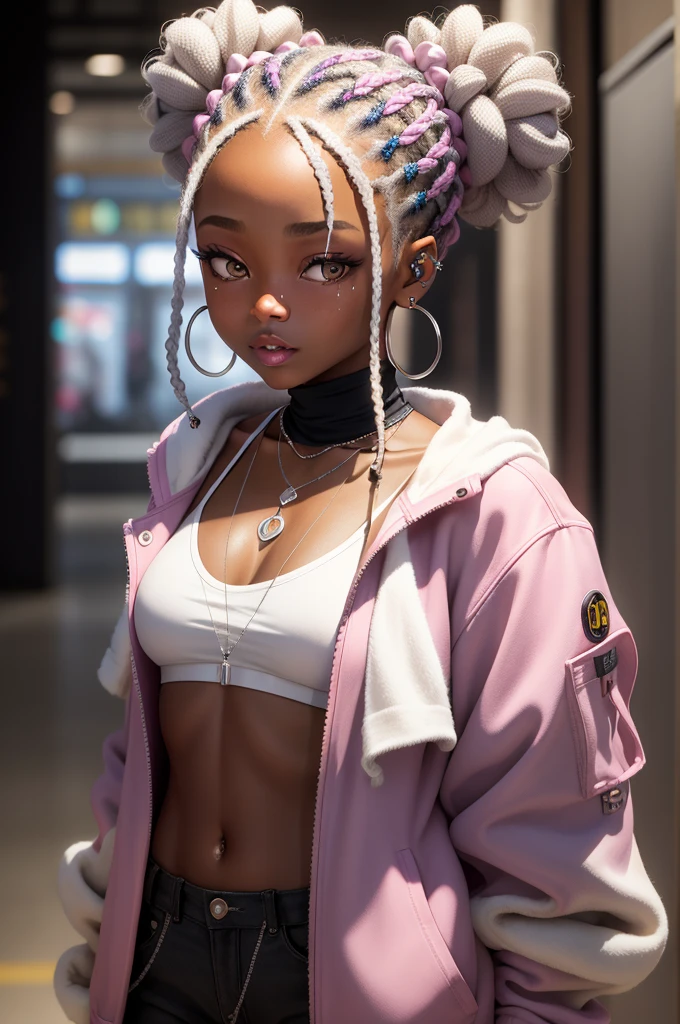 Make a -yeld bl woman with braided hair tied in two buns with highlights on her face, ela usa piercing, silver earring and a silver heart necklace, is wearing a light pink