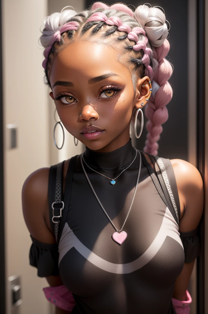 Make a 17-year-old black woman with braided hair tied in two buns with highlights on her face, ela usa piercing, silver earring and a silver heart necklace, is wearing a light pink