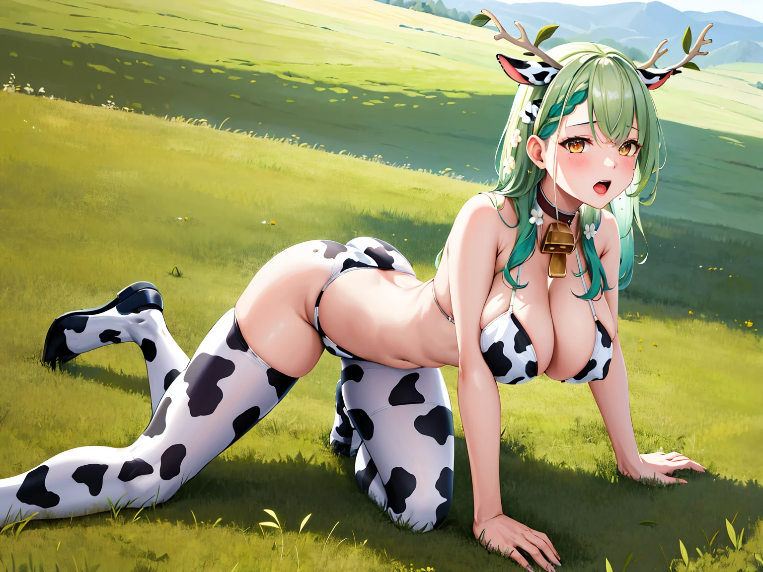 Masterpiece, Best Quality, high resolution, hmcf, wide, antlers, rama, braided bangs, hair flower, cow ears, yellow eyes, big breasts, campana de neck, neck, (cow print:1.2), printed bikini, printed leggings, Field, Grass, Fence, Field, Pasture, All fours, Open mouth,