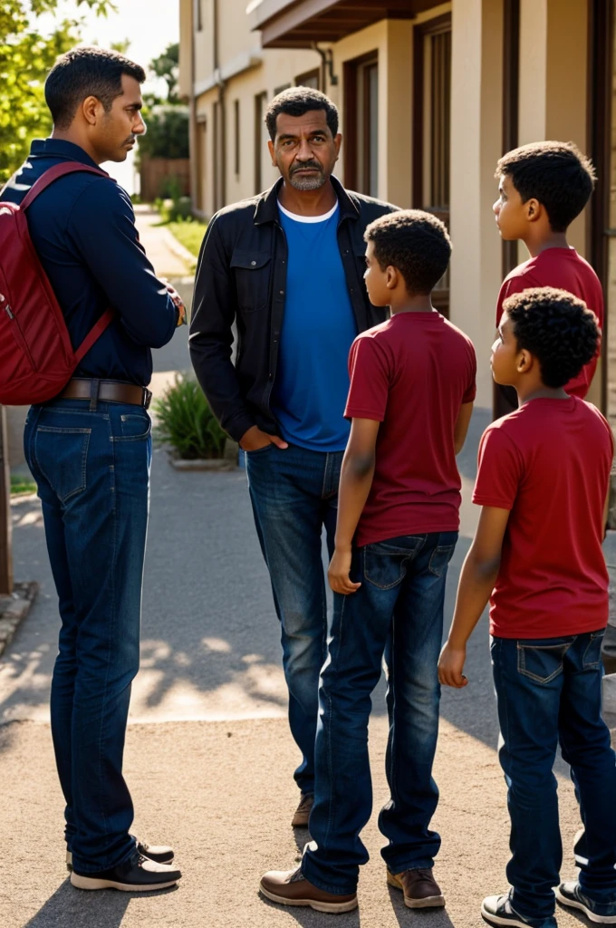A dad coming back from work (talking)with his 2 children (teenagers )(his 2 children are sad)