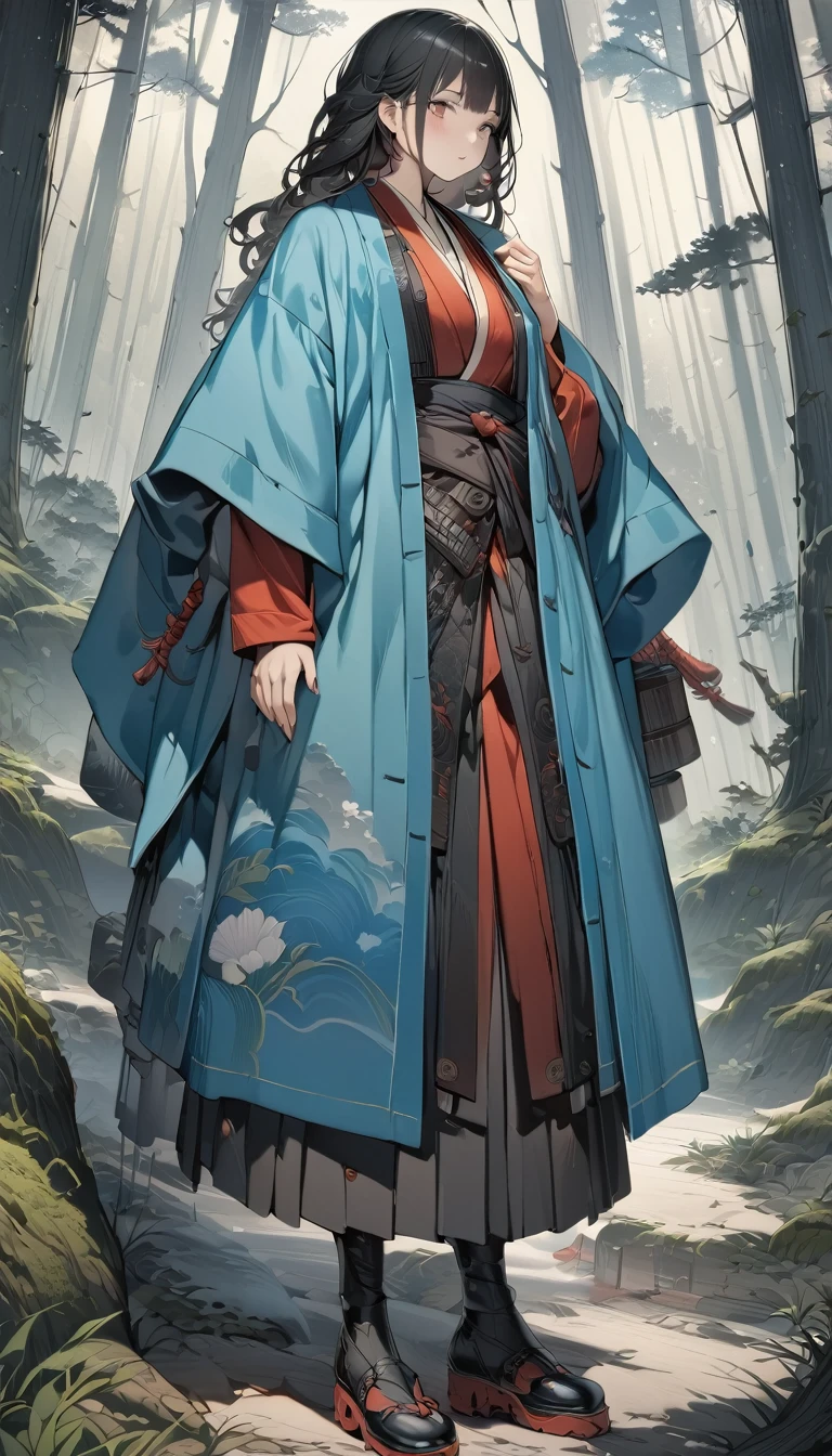 (Surreal), (8K), (Very detailed), (Best illustrations), (Beautiful attention to detail), (Highest quality), (Super detailed), (masterpiece), (wallpaper), (Detailed face),woman , Haori, Samurai costume, Forest Background, Black Hair、Long Shot、Full body angle、