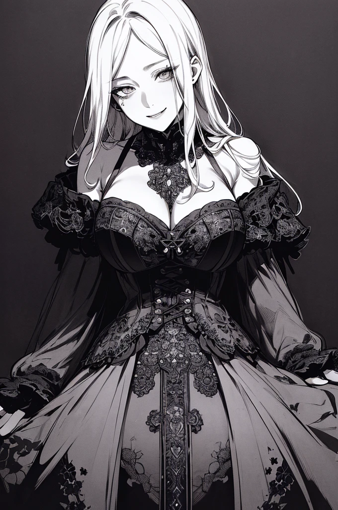 Highest quality, (Background details), High Contrast, Very beautiful woman, Detailed original illustrations、functional、Delicate face、charm、Villainess、sexy、Real breasts、Wicked Smile、 Crazy Eyes,  Head close-up, Black background, (Black background: 1.5), Beautiful line art、Monochrome