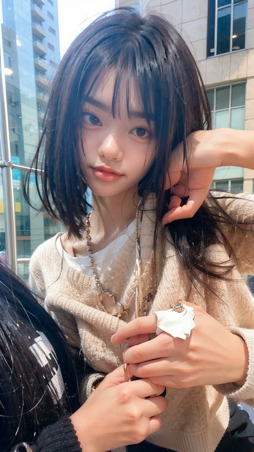 (One Girl:1.3), Bobcut,Japanese high school students, Great face and eyes, Looking into the camera, A joyful smile、Showing teeth、 (Highest quality:1.4), Very detailed CG 統合 8k 壁紙, Very detailed, High-resolution RAW color photos, Professional photography, Realistic full body shot, Studio shot、Plain Wallpaper, Portrait of sexy girl, Open exterior, (Looking down, View in Viewer:1.0), (From below:1.0),(((topless))),Pleated skirt,Thighs