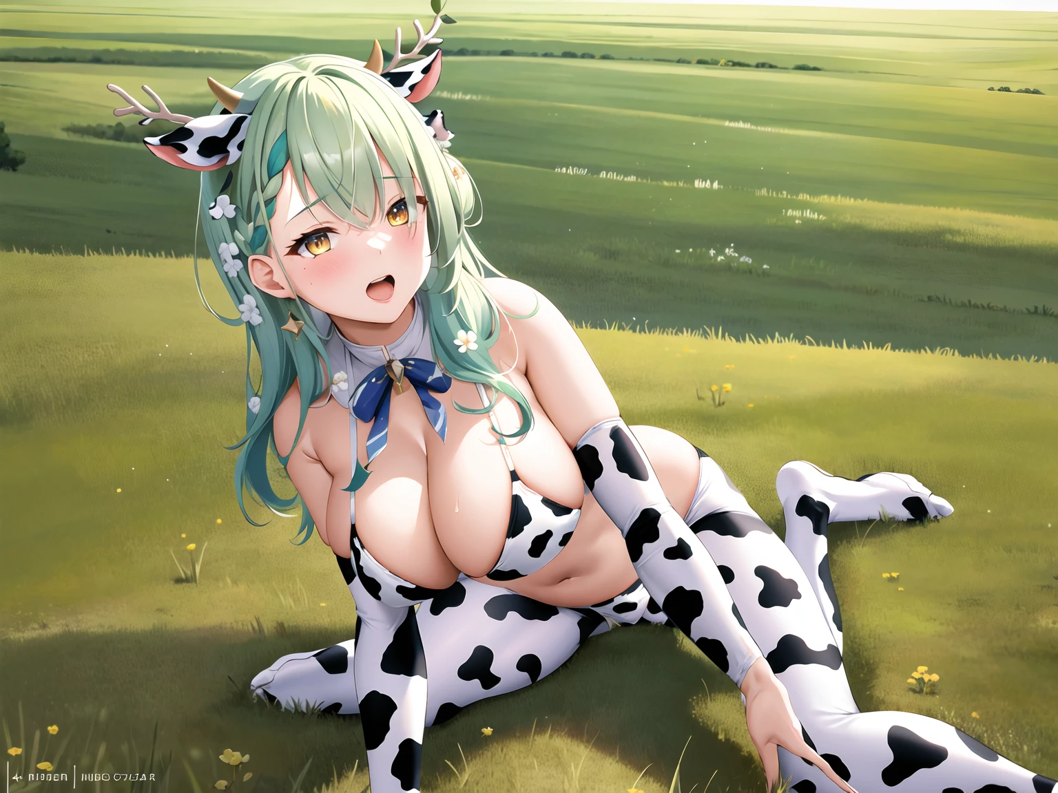 Masterpiece, Best Quality, high resolution, hmcf, wide, antlers, rama, braided bangs, hair flower, cow ears, yellow eyes, big breasts, campana de neck, neck, (cow print:1.2), printed bikini, printed leggings, Field, Grass, Fence, Field, Pasture, All fours, Open mouth,