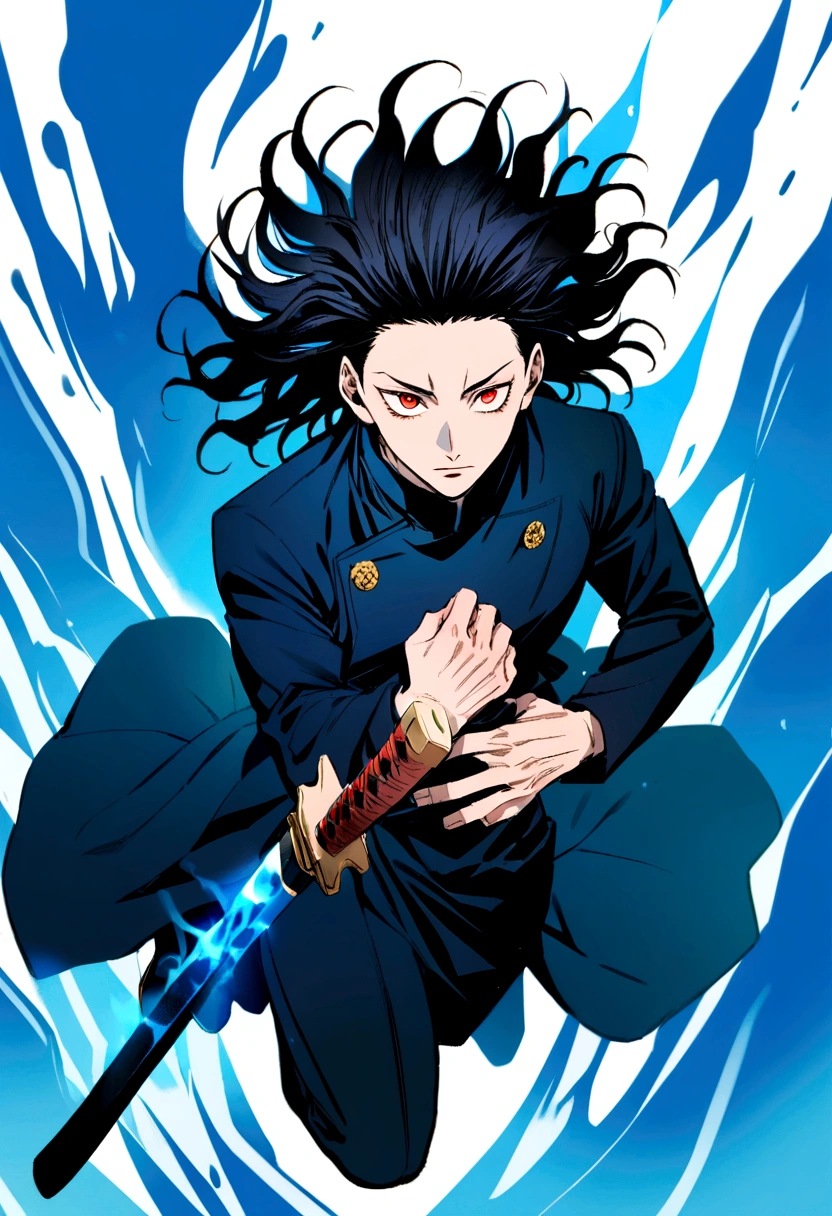 1 boy, red eyes, black hair, jujutsu kaisen character, blue aura, full body, carrying a katana, wavy hair