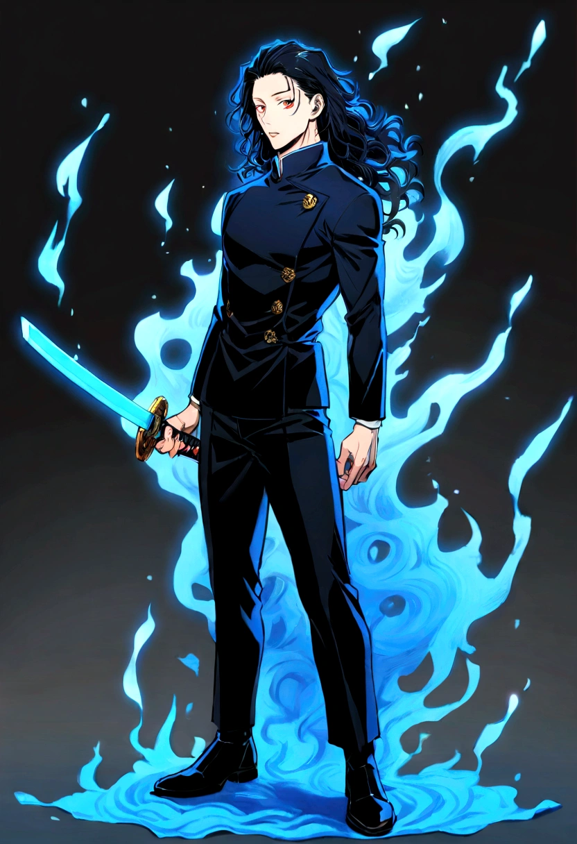 1 boy, red eyes, black hair, jujutsu kaisen character, blue aura, full body, carrying a katana, wavy hair