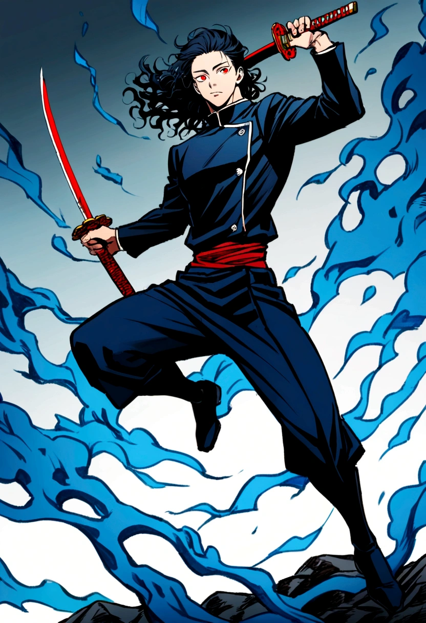 1 boy, red eyes, black hair, jujutsu kaisen character, blue aura, full body, carrying a katana, wavy hair