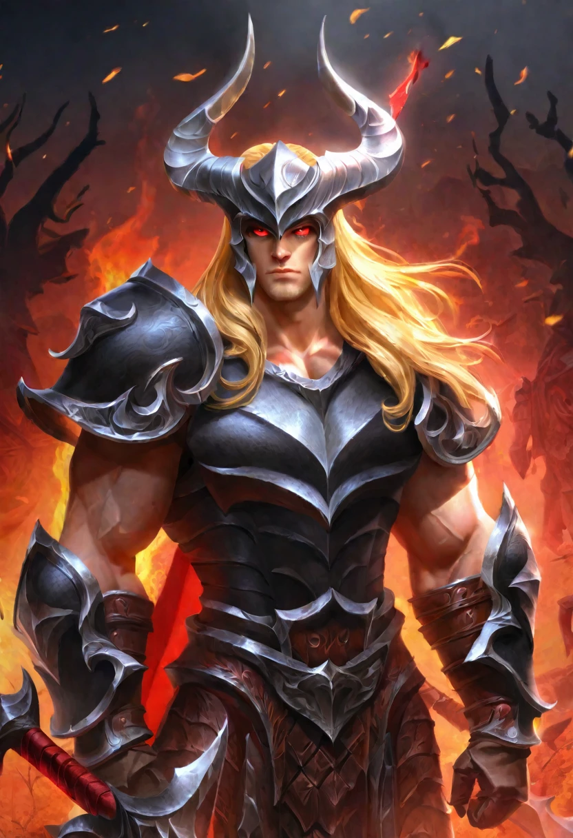 Masterpiece, exquisite and detailed, 8k, high resolution, merdieval fantasy, warrior, long blonde hair, light red eyes, muscular body, helmet with horns, black armor with red cape, carving of a red deer on the breastplate of the armor, standing with the flaming sword stuck on the ground, chaotic dungeon with blood scattered and fire
