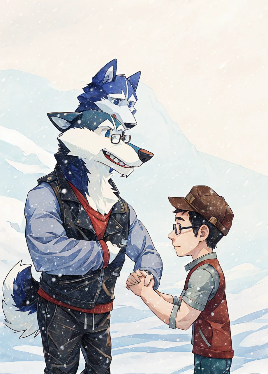 Engrilklenus, Jamie Wonderson, husky dog, human being boy, arctic, strong, muscular, leather jacket, winter pants, snow boots, tail, skinny, , shirt, vest, hat, glasses, sweatpants, holding hands together as friends, eyes between.