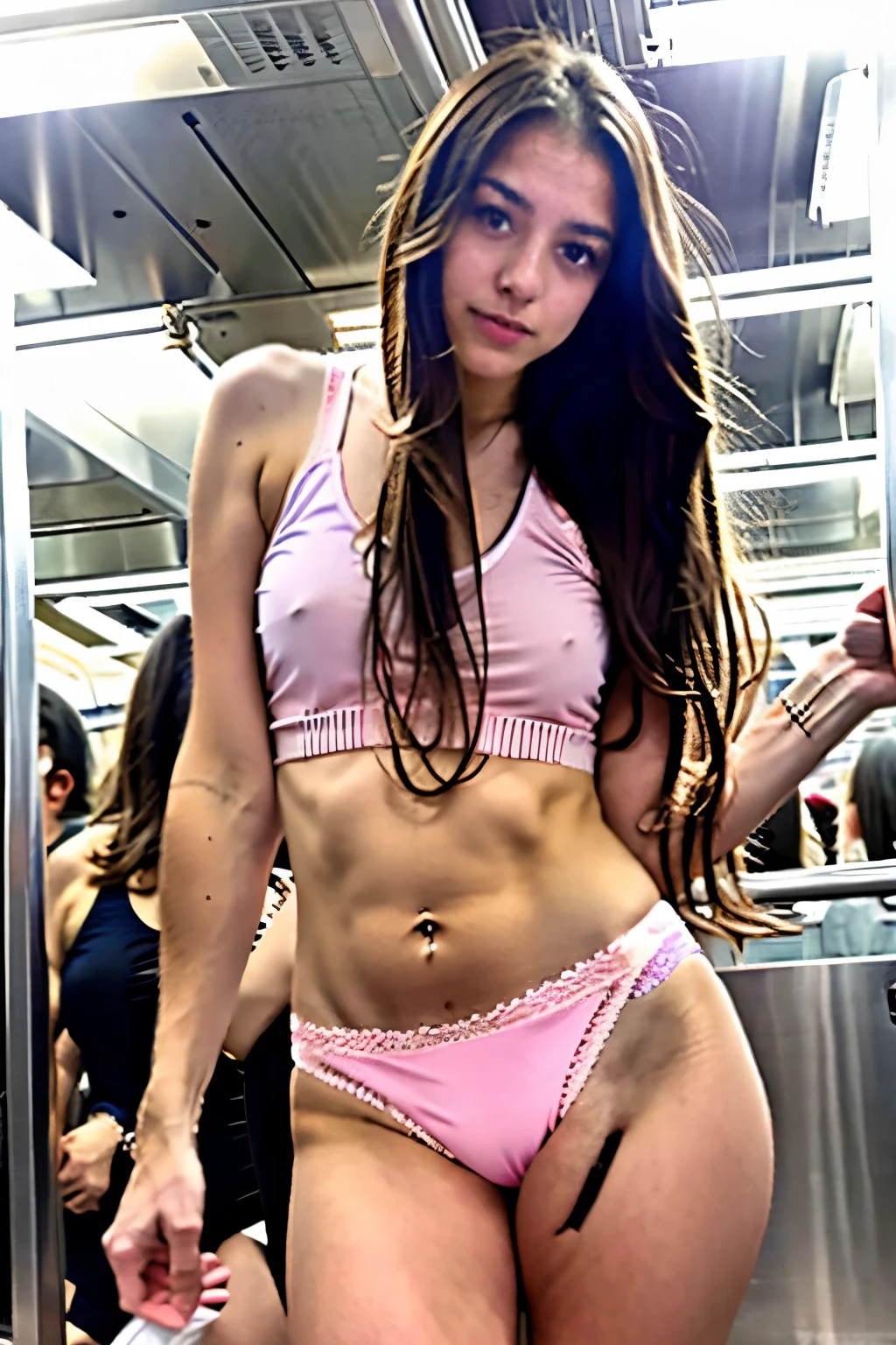 Brunette girl standing in crowded subway. long-haired, naughty and sexy wearing a white tank top and pink panties