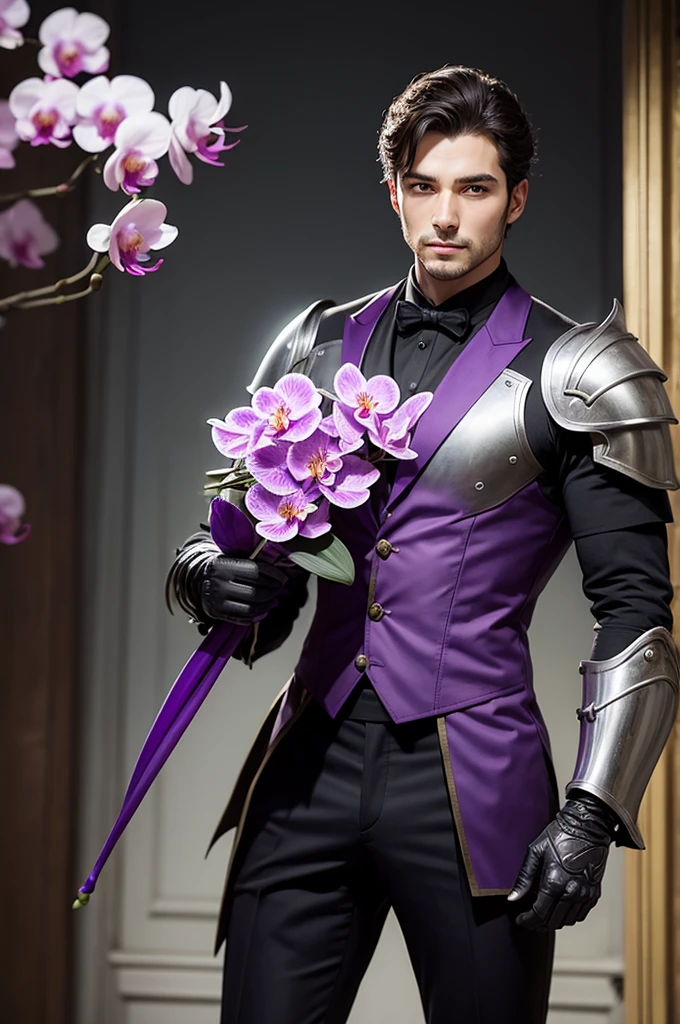 Gentleman in armor holding a purple orchid
