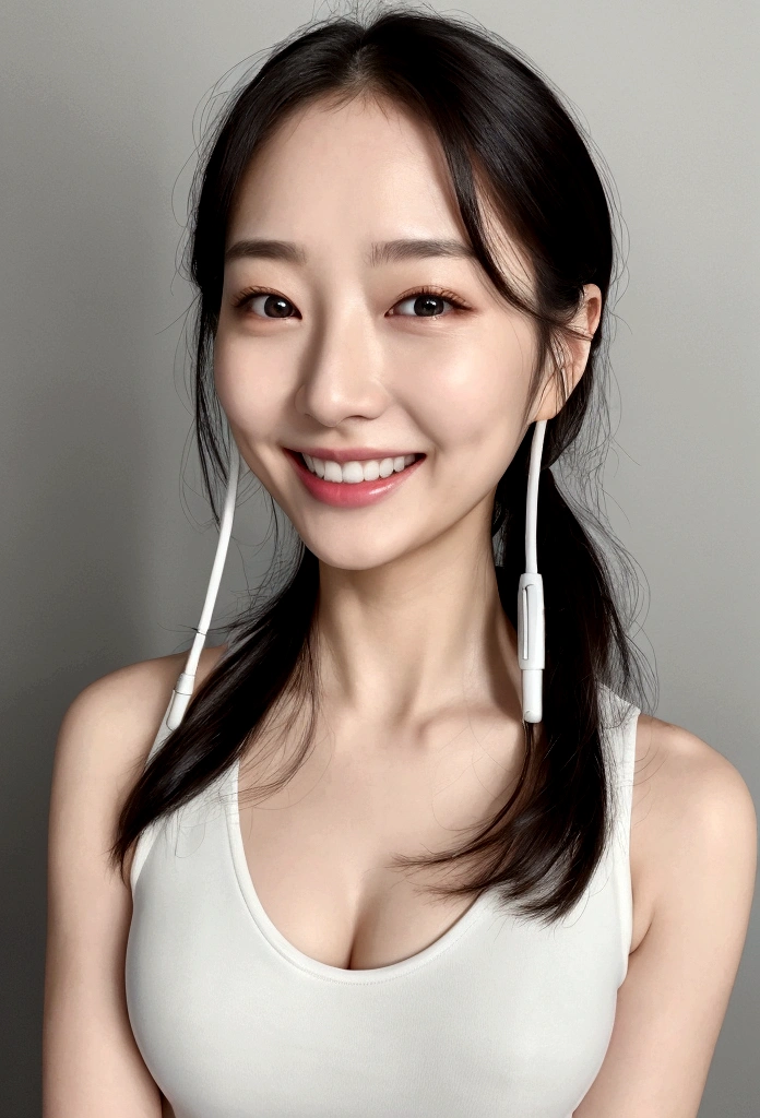 1people、Delicate skin quality、日本people、((Highest quality, 4K, Masterpiece: 1.3)), Beautiful style: 1.4, Long black hair, White short tank top, Large Breasts, Wet body, Sweaty, Place your arms on your hips, smile, Teacher Outfit, Highly detailed face and skin texture, Fine grain, double eyelid、The whole body is visible、White teeth、Headphones