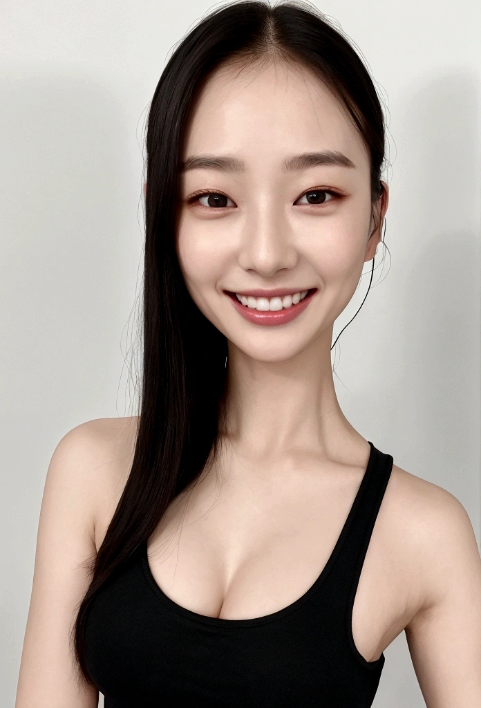 1people、Delicate skin quality、日本people、((Highest quality, 4K, Masterpiece: 1.3)), Beautiful style: 1.4, Long black hair, White short tank top, Large Breasts, Wet body, Sweaty, Place your arms on your hips, smile, Teacher Outfit, Highly detailed face and skin texture, Fine grain, double eyelid、The whole body is visible、White teeth、Headphones