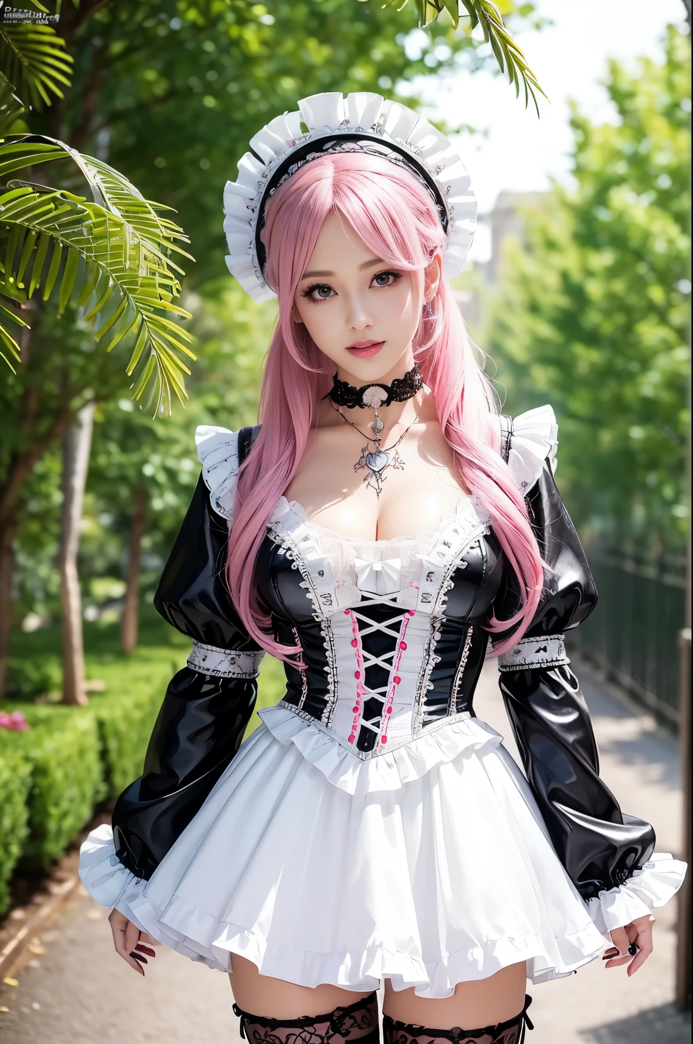 sexy stylish Swedish model, only 1 female, ((doll-like appearance)), long neon pink stylish hair, ((shiny Victorian-Style boots)), (beautiful smile), very detailed eyes, very detailed eye makeup, lipgloss, long lashes, defined eyebrows, ((sexy Paradise Kiss cosplay)), bell-shaped skirt, petticoats, high neckline, puffed sleeves, (( ultra detailed lace)), ((ultra detailed embroidery)), intricate details, Paradise Kiss accessoires and matching headpiece, choker, ((large sparkling Paradise Kiss jewelry)), cinematic light, detailed large park background with trees