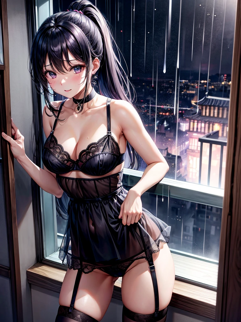 Highest quality,Highest Resolution,4K quality,寝室で大きな窓の外の都市の豪rainの夜景を眺める下着姿の笑顔の女性の横顔,Black hair ponytail,Dark room,Sexy Lingerie,Many water drops on the window,garter belt,High leg,Light purple underwear,Knee-high stockings,rain,豪rain,雷rain,