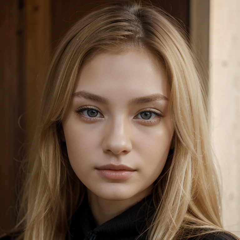 Pale skin mixed european and asian descent woman with blond hair with dark brown eyes