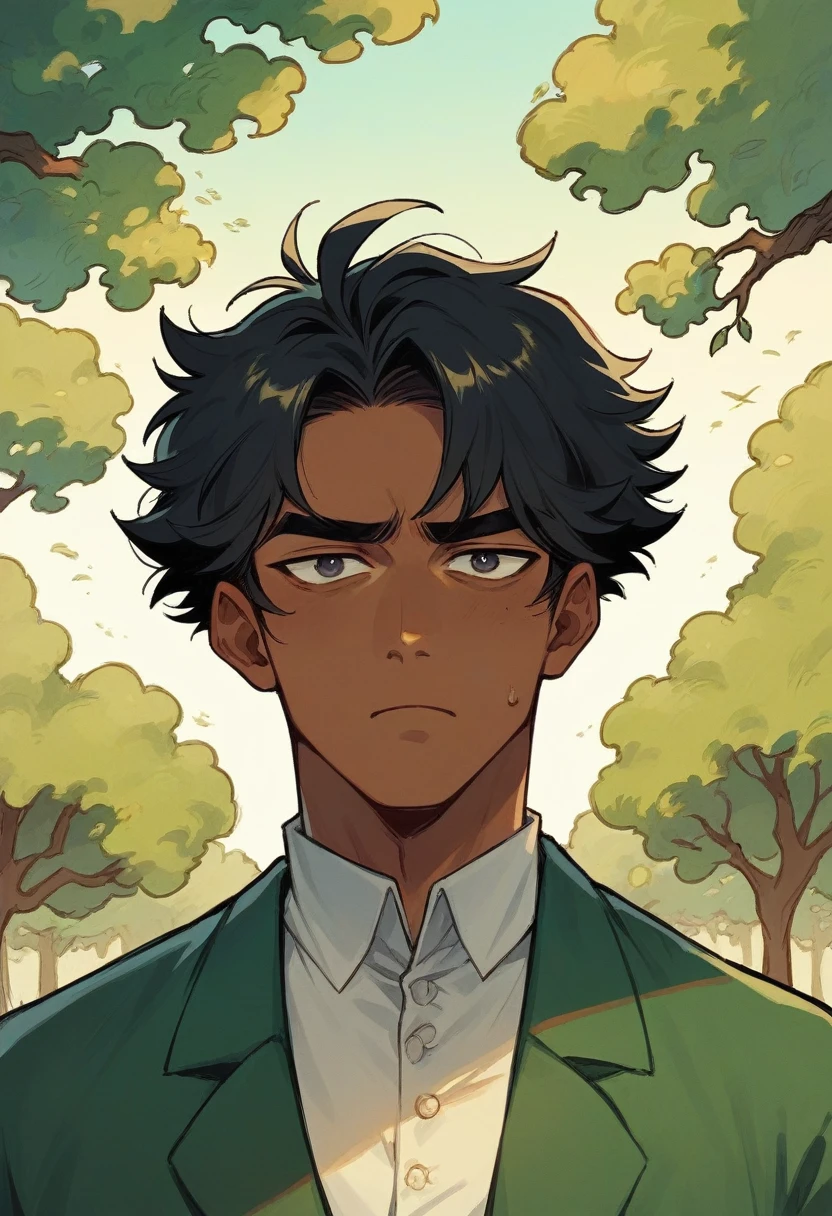 Make a man, dark-skinned, shorth hair, baldie, without hair, Scrawny, brooding, em um lugar bonito, with trees