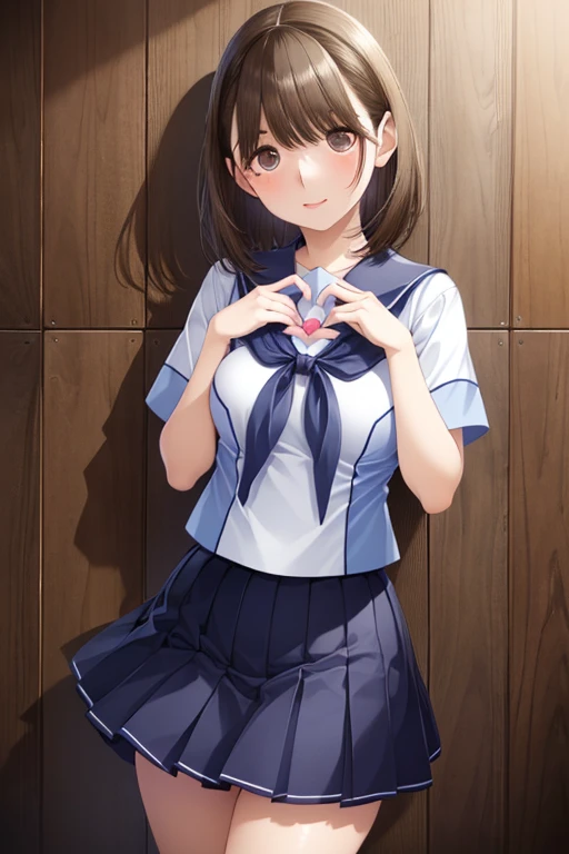 ((A woman making a heart sign with both hands in front of her chest. Making a heart shape with your thumb and index finger.)),

anegasaki nene、Shiny brown hair, short hair, (((Beautiful brown eyes)))、smile、Sparkling eyes, (Fine grain)、Ultra-detailed目、Highly detailed face, Highly detailed eyes, 

Tabletop, masterpiece, Highest quality, One girl,Highest quality、Ultra-detailed、8ｋ、solo、Portrait:1.3、Cowboy Shot、Perfect Anatomy、Smooth anime CG art,



Short-sleeved white sailor suit、Navy blue mini pleated skirt、Very short mini skirt、Bare thighs、