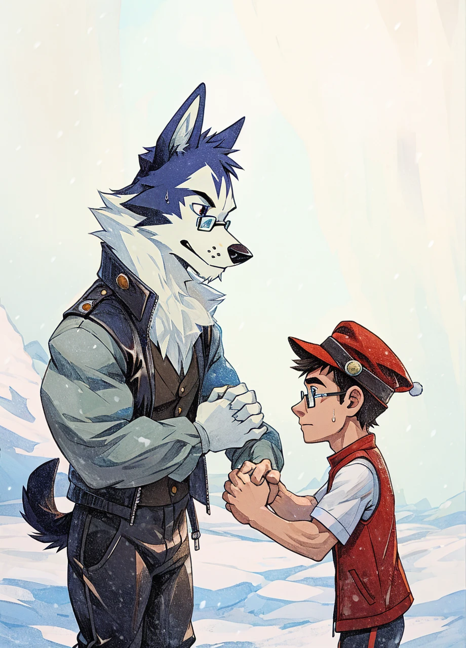 Engrilklenus, Jamie Wonderson, husky dog, human being boy, arctic, strong, muscular, leather jacket, winter pants, snow boots, tail, skinny, , shirt, vest, hat, glasses, sweatpants, holding hands together as friends, eyes between. 