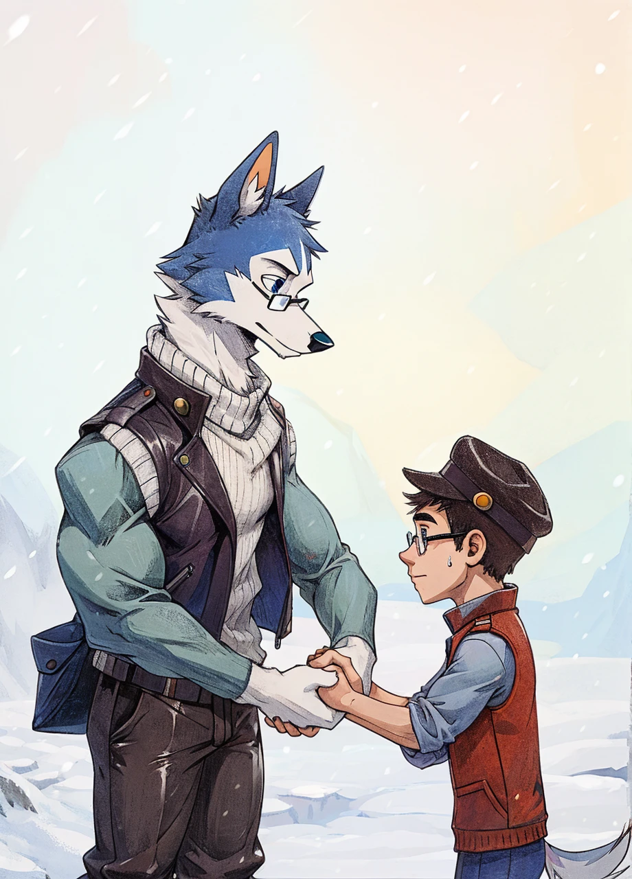 Engrilklenus, Jamie Wonderson, husky dog, human being boy, arctic, strong, muscular, leather jacket, winter pants, snow boots, tail, skinny, , shirt, vest, hat, glasses, sweatpants, holding hands together as friends, eyes between.