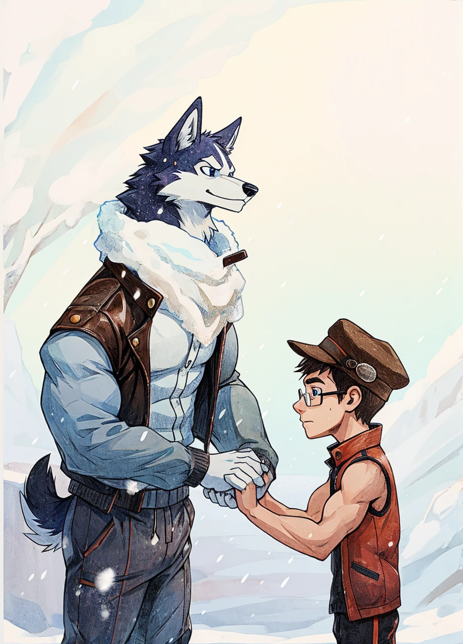 Engrilklenus, Jamie Wonderson, husky dog, human being boy, arctic, strong, muscular, leather jacket, winter pants, snow boots, tail, skinny, , shirt, vest, hat, glasses, sweatpants, holding hands together as friends, eyes between. 