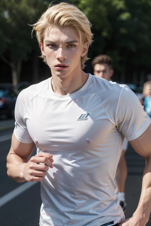 Tall and muscular young man, long, glare eyes,in running shirt, With blonde hair,realisitic, Full HD, better quality and running a street race.