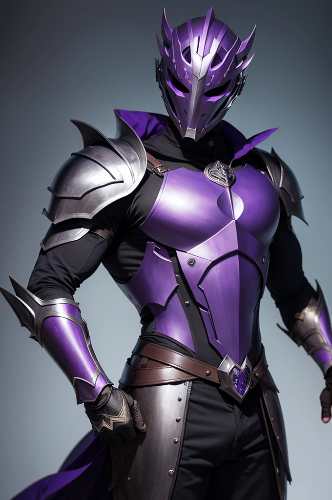 Gentleman in full armor and metal mask holding a purple orchid