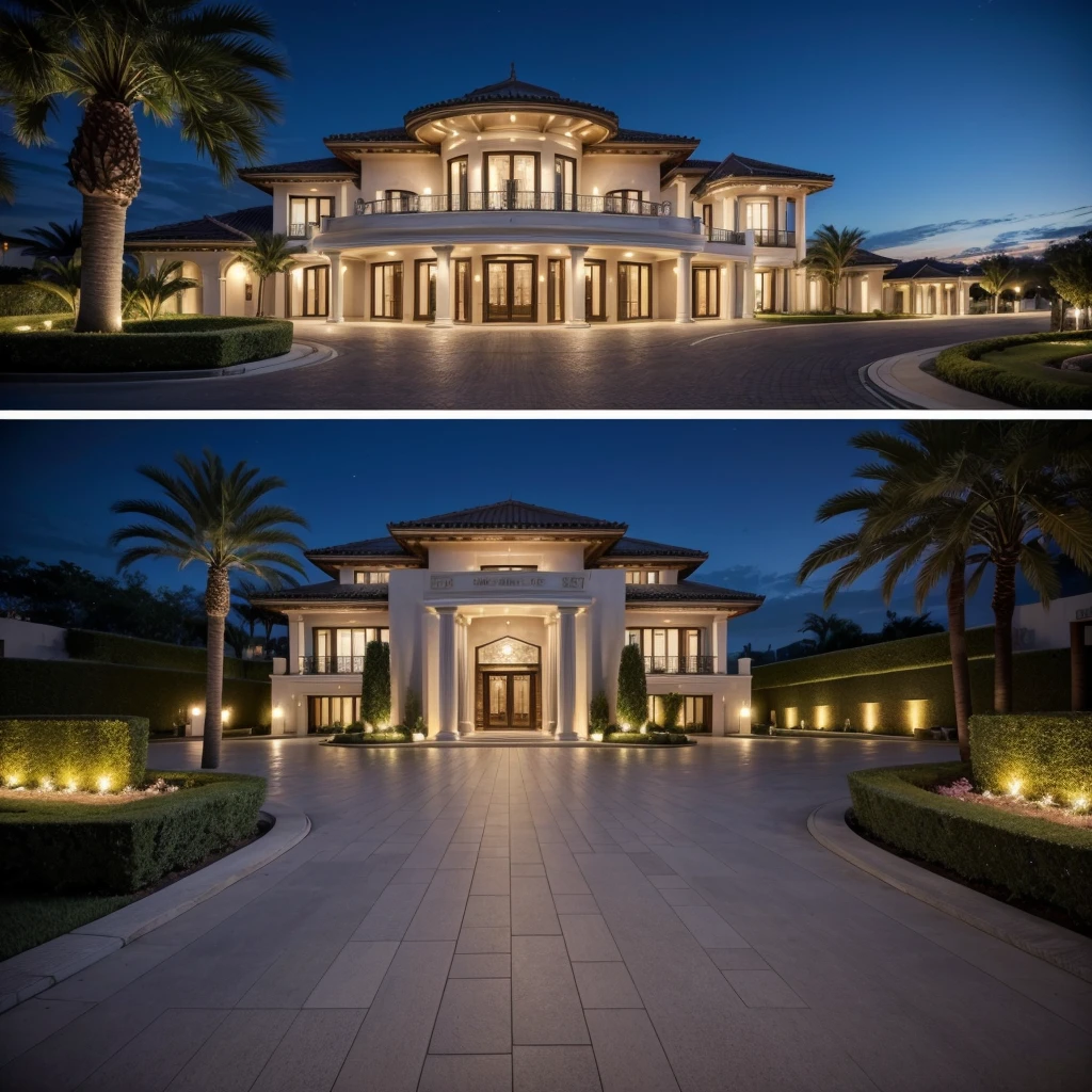 A luxurious house that resembles a casino, complete with a grand entrance, neon lights, and stylish architecture. The house features a gaming room with slot machines, poker tables, and roulette wheels. Outside, there's a large sign displaying the potential to win thousands of reais. The surrounding area includes a beautifully landscaped garden, a swimming pool, and a driveway with expensive cars. The atmosphere is glamorous and inviting, promising a lifestyle of luxury and wealth.",