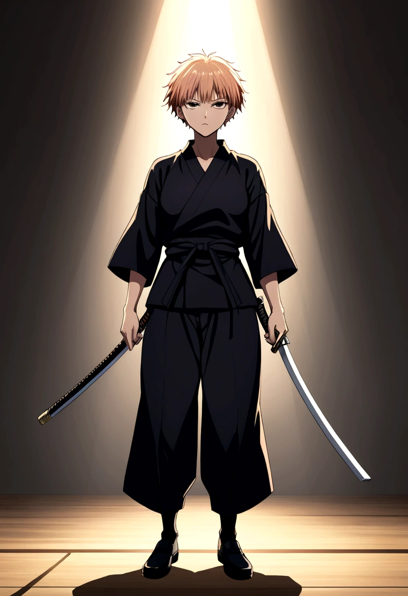 Jujutsu Kaisen style strong character with full body short hair and with a katana