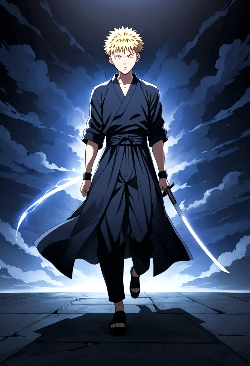 Jujutsu Kaisen style strong character with full body short hair and with a katana
