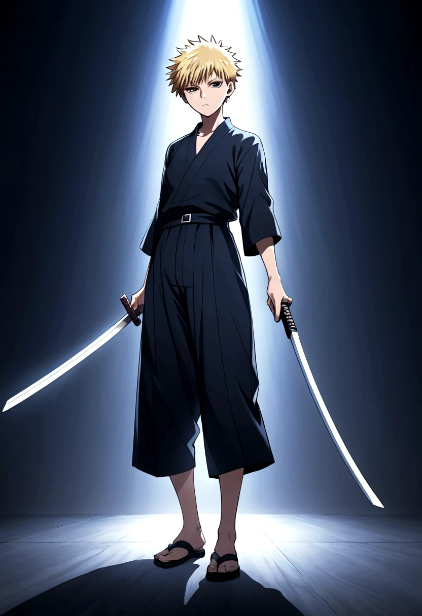 Jujutsu Kaisen style strong character with full body short hair and with a katana
