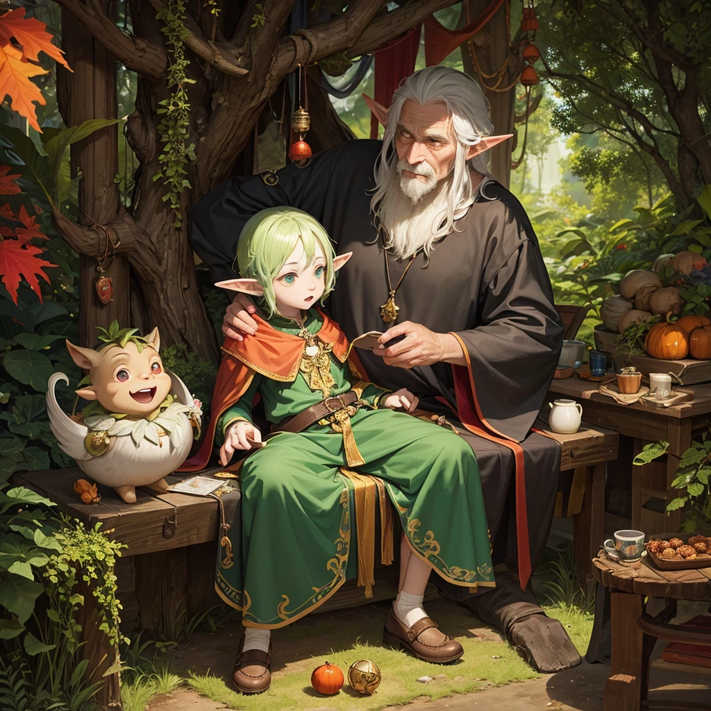 Puck, the forest jester, is an elf being, his clothes and bells have the color of autumn, his skin is green and wrinkled, his features are those of an old man and a at the same time, his nose and ears are pointed, His expression is mischievous, somewhat malicious. In its appearance we find the textures, shapes and colors of nature. In the pictorial style of Hieronymus Bosch.