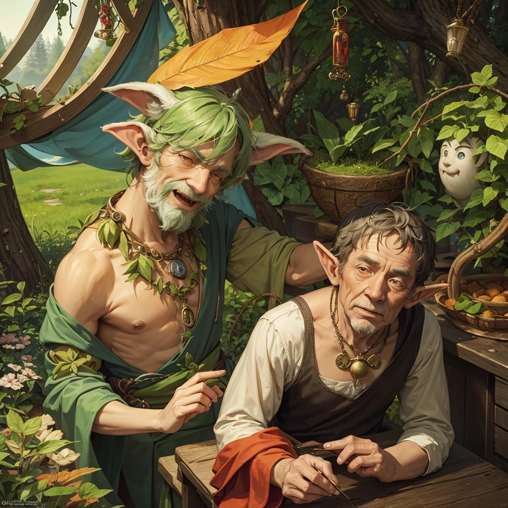 Puck, the forest jester, is an elf being, his clothes and bells have the color of autumn, his skin is green and wrinkled, his features are those of an old man and a at the same time, his nose and ears are pointed, His expression is mischievous, somewhat malicious. In its appearance we find the textures, shapes and colors of nature. In the pictorial style of Hieronymus Bosch.