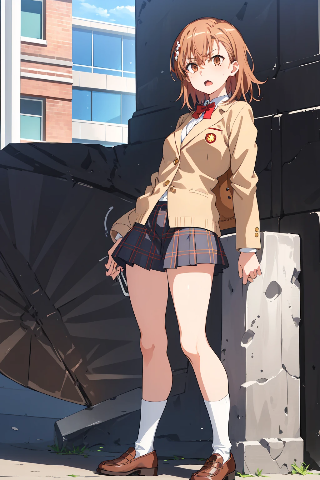 ((Best Quality)), ((masterpiece)), (detailed), 1girl, solo, perfect face, beautiful face, detailed face, perfect eyes, perfect hair, detailed hair, Misaka_mikoto, bowtie, brown jacket, red bow, red bowtie,blazer, bow, ， skirt, pleated skirt, shorts, grey skirt, socks,shoes, loose socks, shorts under skirt, loafers, brown footwear, black skirt, short shorts, blue plaid skirt with criss-cross lines in black and tan, pleated skirt with black pleats and school style, open mouth, big thighs, small breasts, flat breasts, show face, focus face, face-to-face, facial zoom, noise reduction, clarity and sharpness, Brown eyes