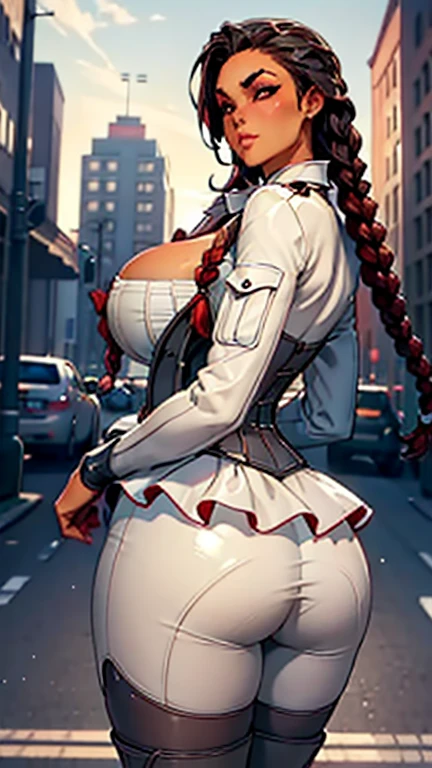 lewd, huge, curvy, thick body, oppai proportions, black hair, red hair, braids, arched eyebrows, glossy lips, thick thighs, wide hips, cleavage, perfect face, perfect eyes, black thighhighs, bare shoulders, white jacket, corset, skirt, pants standing, city street, shiny tanned skin, detailed face, detailed body, cowboy shot, huge ass, makeup