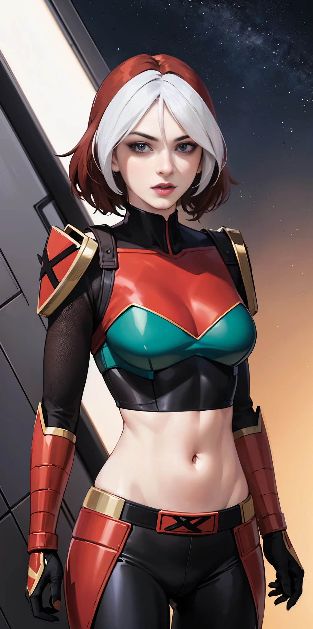 highly detailed, best quality, photography, Rogue from X-men, absurdness, beautiful face (detailed eyes, deep eyes) 1woman, brown and white hair, twin tails, magenta eyes, short, wide hips, curvy, toned muscles (n7armor) inside a spaceship