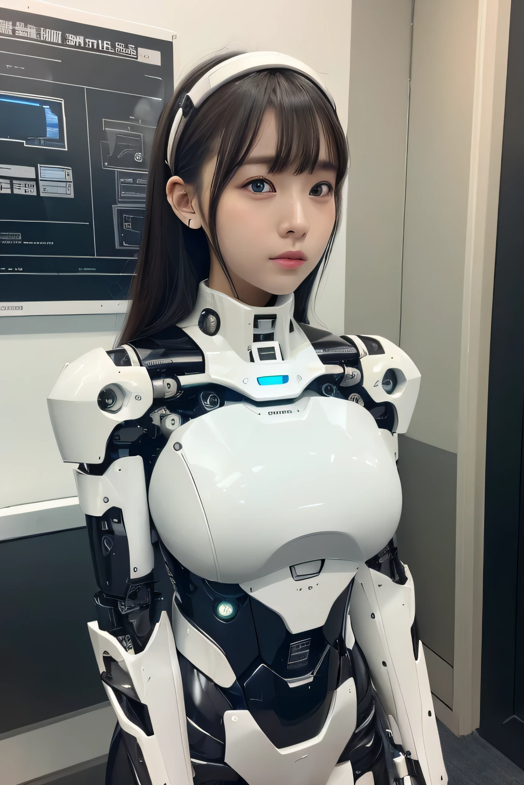 (Photorealistic:1.4), (Raw photo)masutepiece, Best Quality, Extremely detailed, (Photorealistic:1.4), (8K, 4K, Best Quality, hight resolution, 超A high resolution:1.1), 8K Portrait,1girl in, Japanese android girl,Plump , announcer,control panels,android,Droid,Mechanical Hand, ,Robot arms and legs, Black hair,Mechanical body,Blunt bangs,White Robotics Parts,perfect robot woman,Charging spot,Long Tube,A thick cable was connected to his neck.,ceramic body ,Mechanical body, mechanical ear covers,android,robot humanoid,a bit Chubby,pantiy,complete eyes,Perfect machine body,White robot body,The laboratory of the future,android factory,mechanical ear covers,White and light blue uniform,light blue accent costume,