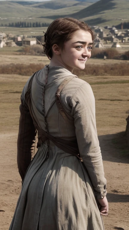 8k, Maisie Williams face, beautiful face, smiling, pale white skin, toned abs, small breast, round ass, her round ass visible, tied long brown hair, Maisie Williams as Arya Stark, torn ragged peasant dress, standing stance, winterfell city in background, snowing, back View, sharp focus on her ass