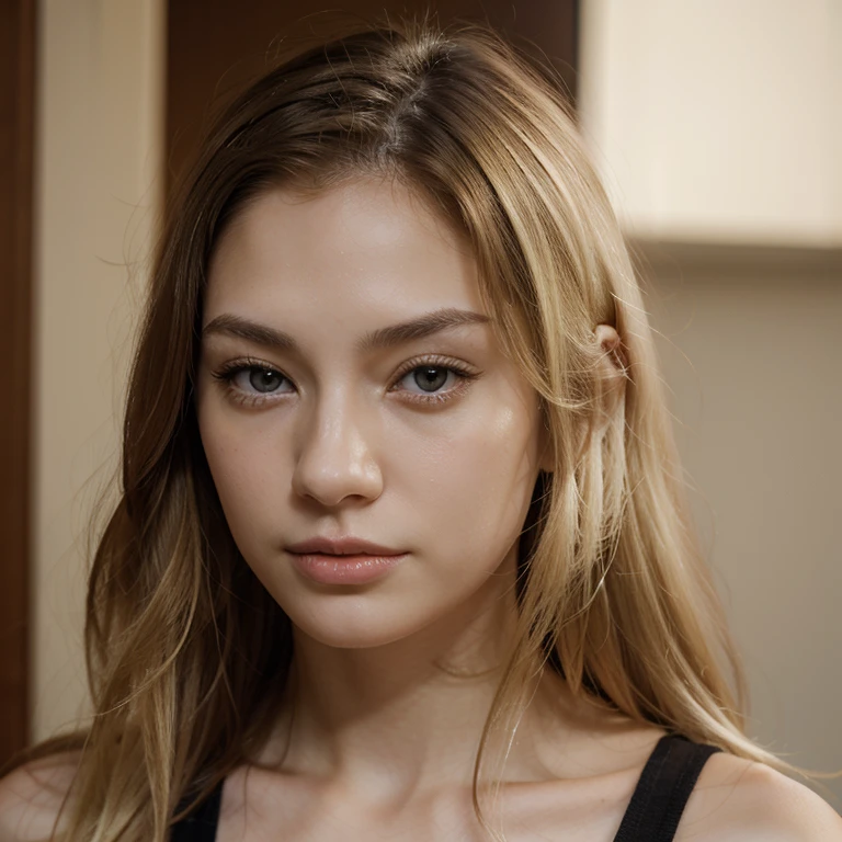 Pale skin mixed european and asian descent woman with blond hair with dark brown eyes