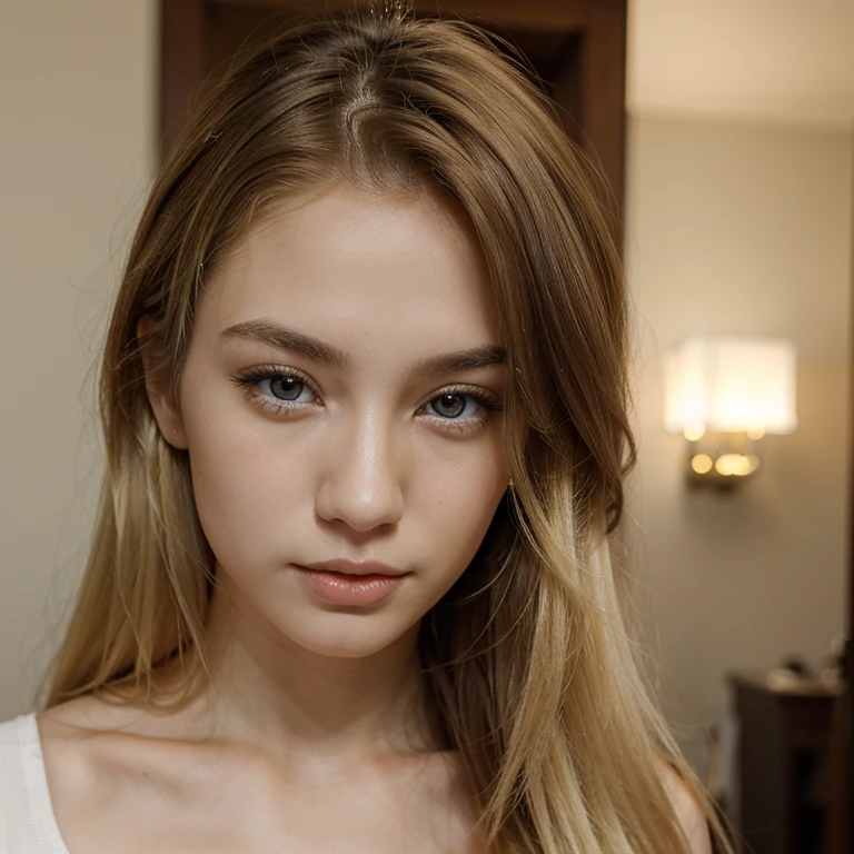 Pale skin mixed european and asian descent woman with blond hair with dark brown eyes