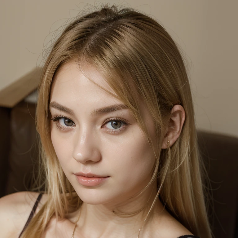 Pale skin mixed european and asian descent woman with blond hair with dark brown eyes