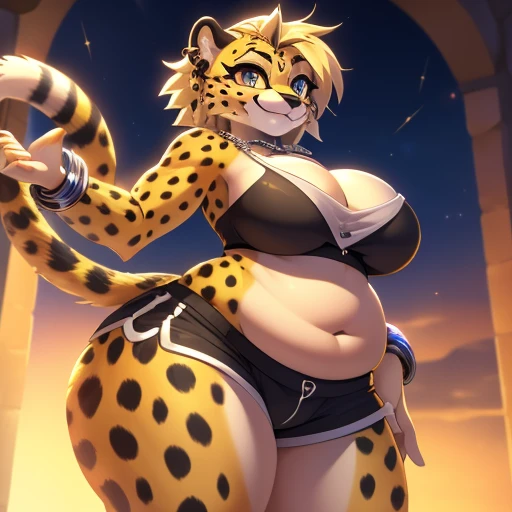 mobian, cheetah, two-tone fur ((golden yellow fur, black cheetah markings fur)), pyjama elastic shorts, strapless crop top, cleavage, high-top sneakers, no hair, halo, sunglasses, jewelry, silver eyes, longeyelashes, silver eyes, smile, lustful, blush, high detail, masterpiece, UHD, anatomically correct, super detail, highres, 4K, Female cheetah, fat, fat belly, fat thighs, fat arms, lovehandles, big breasts, silver eyes, golden yellow fur, black cheetah markings, silver earrings, silver bracelets, silver rings, silver necklaces