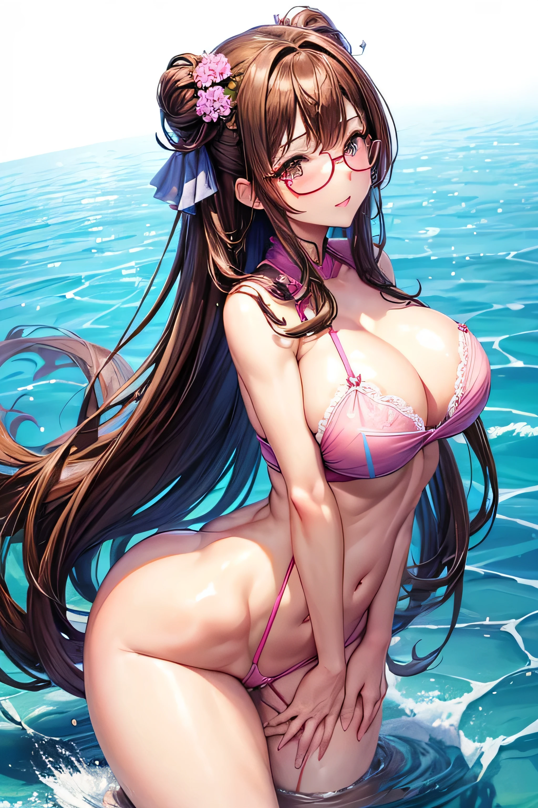 High resolution, high quality, One girl, Anime Girls, Brown long hair, Brown eyes, Pink Glasses,heart shaped pupils,Sunburned skin, Large Breasts,beautiful breasts,pointy breasts,(Big Ass),Embarrassed,blue witch,hydrangea,(water),(Urge to urinate),bladder full,(Erotic Body Twist:1.4),(Rub your thighs together:1.3), Leaning forward, (Hold your groin:1.4),Jumping,(Person urinating:1.3),The magic that shines in her hands,