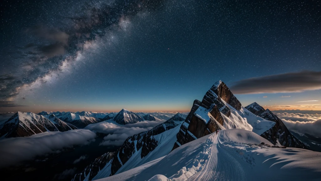 "A majestic mountain peak surrounded by swirling clouds under a starlit sky. At the summit, figures from different historical periods—ancient warriors, medieval scholars, and modern scientists—gather in quiet contemplation. Above them, constellations form intricate patterns resembling scenes from various cultures' afterlife beliefs, hinting at universal themes of cosmic interconnectedness and the enduring quest for understanding life's mysteries."