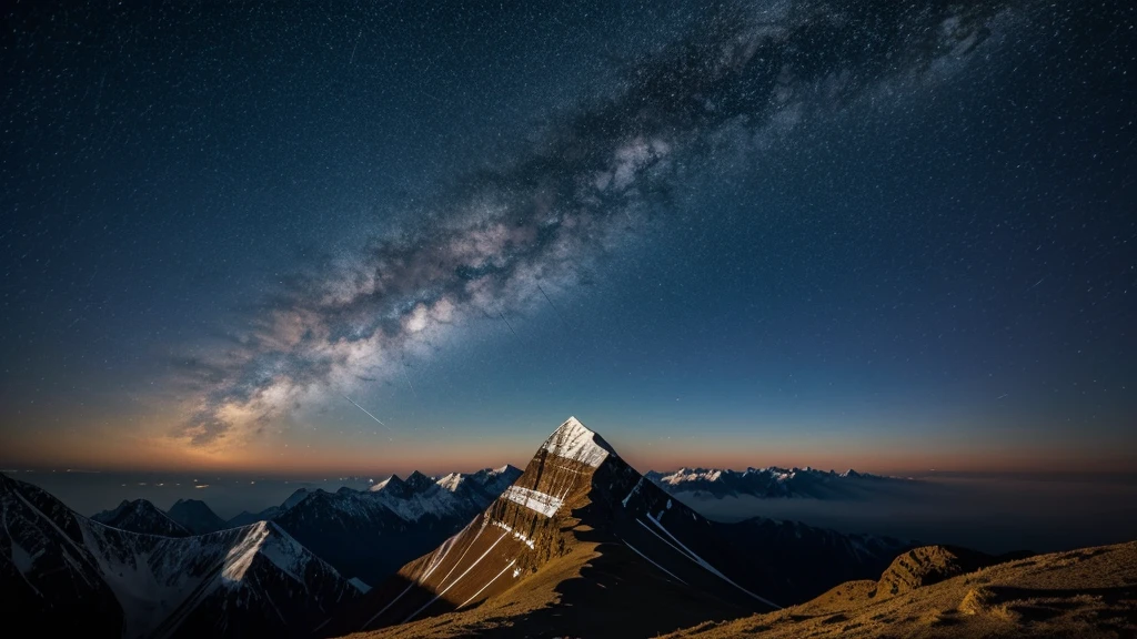 "A majestic mountain peak surrounded by swirling clouds under a starlit sky. At the summit, figures from different historical periods—ancient warriors, medieval scholars, and modern scientists—gather in quiet contemplation. Above them, constellations form intricate patterns resembling scenes from various cultures' afterlife beliefs, hinting at universal themes of cosmic interconnectedness and the enduring quest for understanding life's mysteries."