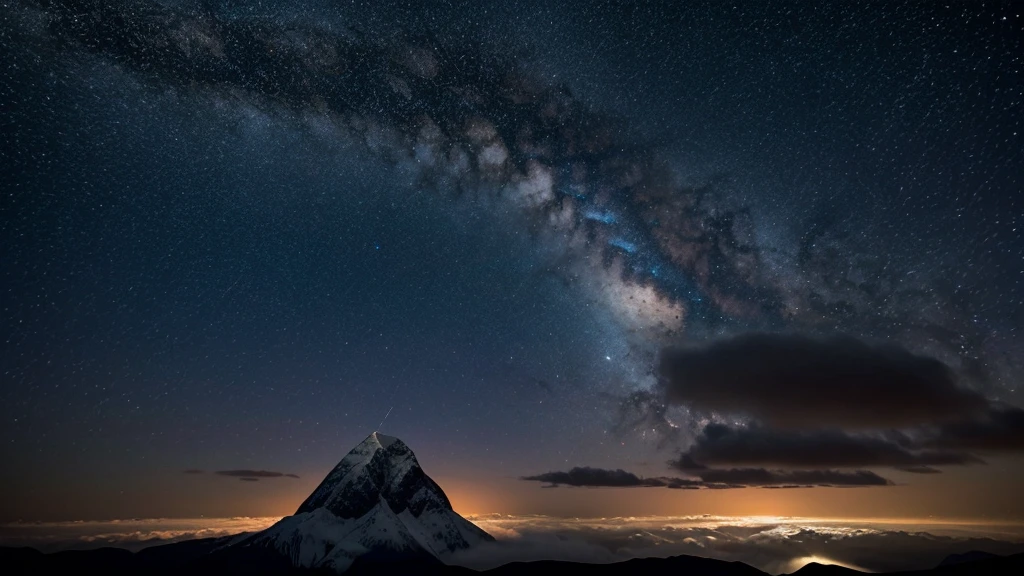 "A majestic mountain peak surrounded by swirling clouds under a starlit sky. At the summit, figures from different historical periods—ancient warriors, medieval scholars, and modern scientists—gather in quiet contemplation. Above them, constellations form intricate patterns resembling scenes from various cultures' afterlife beliefs, hinting at universal themes of cosmic interconnectedness and the enduring quest for understanding life's mysteries."