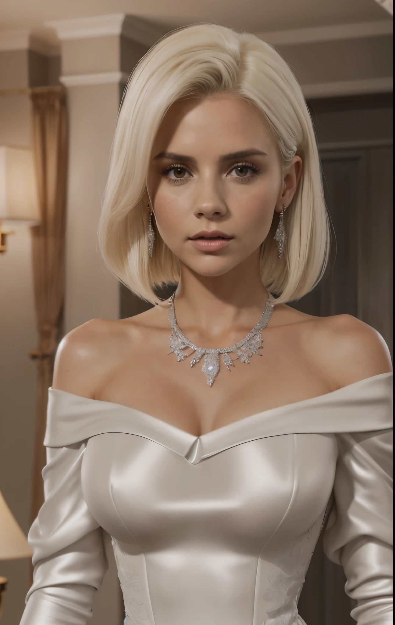 A slender beautiful woman in ballroom, she wears a tight off-the-shoulder white short dress that fits snugly to her body, ((large_breasts)), collarbone, long sleeves, (photorealistic:1.2) (best quality) (intricate details) (8K) (High Poly) (ray tracing) (cinema lighting) (sharp focus) (detailed face), jewelry, necklace, wedding dress, garter, bracelet, earrings, realistic skin textures, (she is 25 years old), [Victoria Beckham], [[Kate Beckinsale]], [Jenna Coleman], ((platinum blonde))
