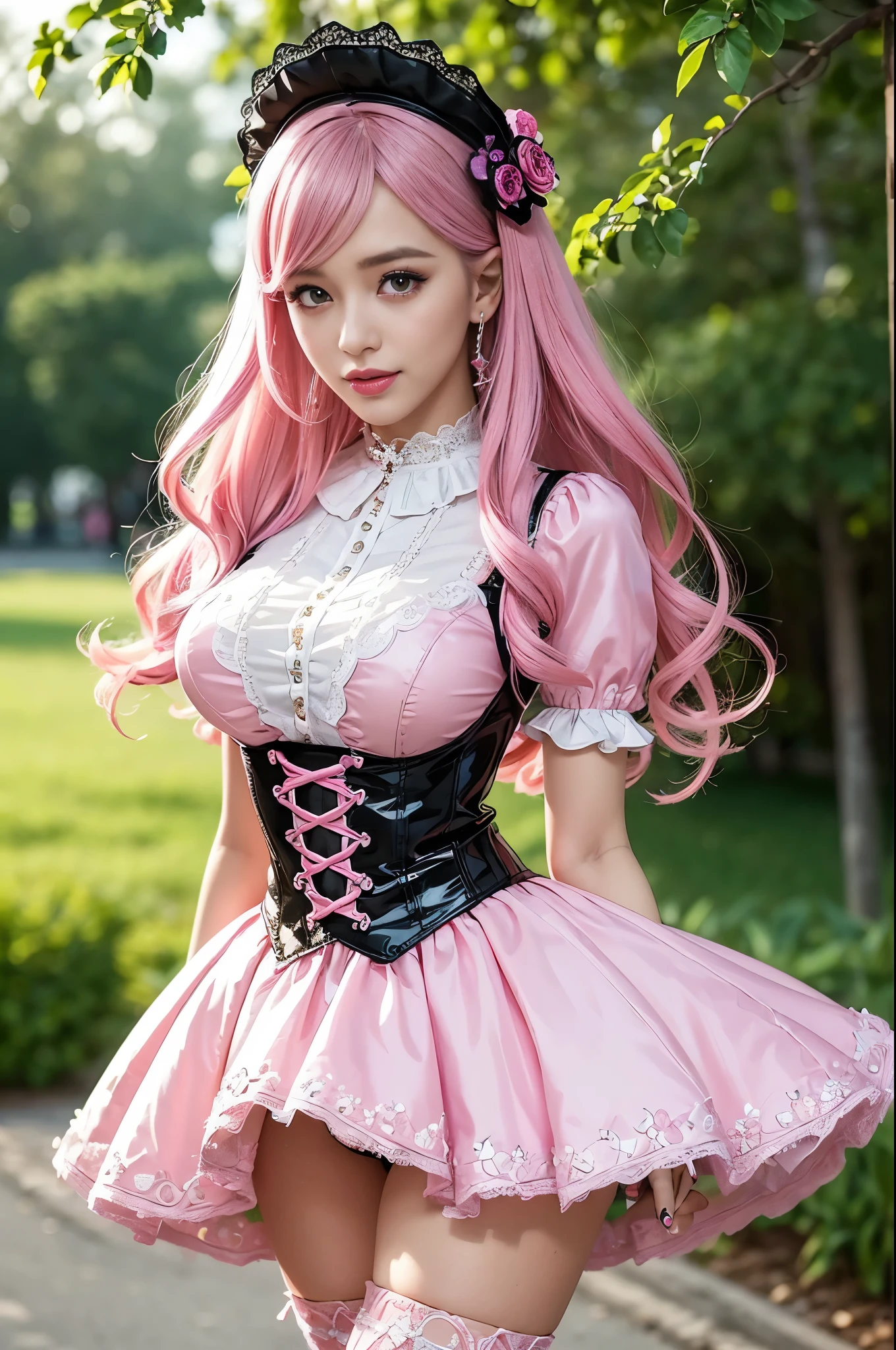 sexy stylish Swedish model, only 1 female, ((doll-like appearance)), long neon pink stylish hair, ((shiny Victorian-Style boots)), (beautiful smile), very detailed eyes, very detailed eye makeup, lipgloss, long lashes, defined eyebrows, ((sexy Paradise Kiss cosplay)), bell-shaped skirt, petticoats, high neckline, puffed sleeves, (( ultra detailed lace)), ((ultra detailed embroidery)), intricate details, Paradise Kiss accessoires and matching headpiece, choker, ((large sparkling Paradise Kiss jewelry)), cinematic light, detailed large park background with trees