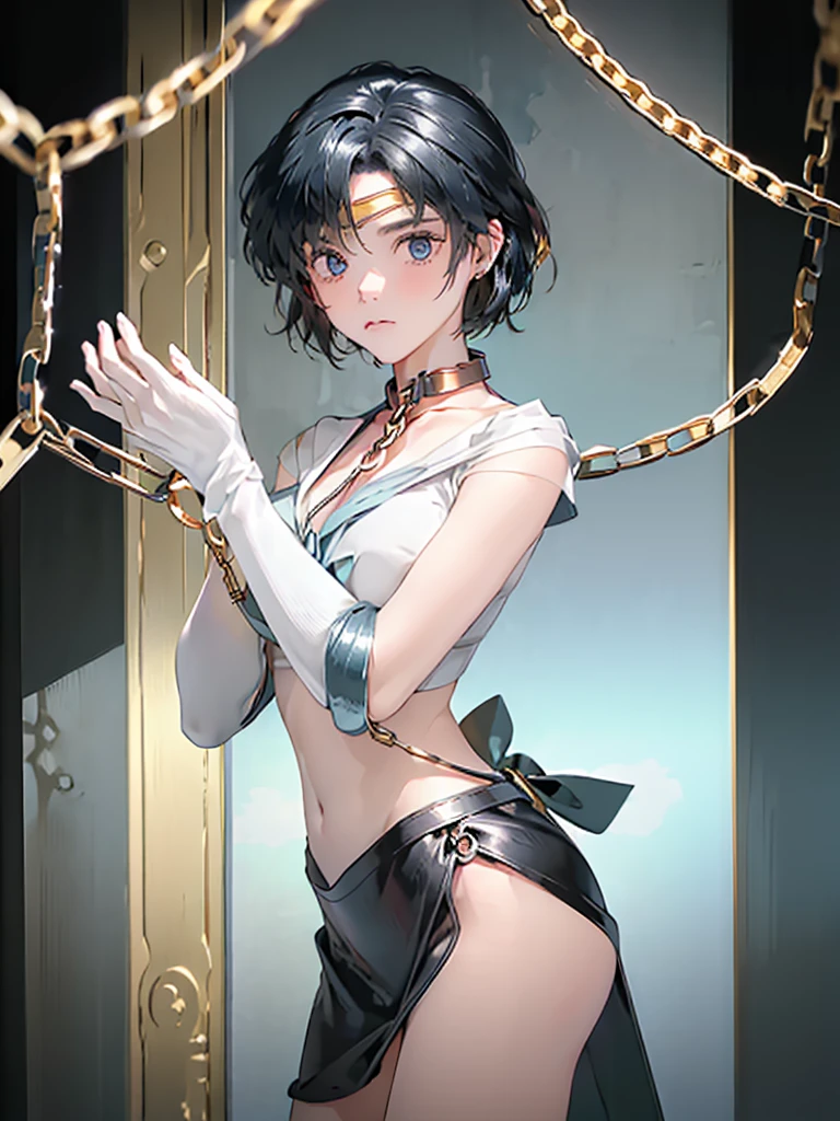 (Superflat, masterpiece, Flat Shading, Flat Color:1.1), Cinematic shots, masterpiece, ((3 women)), Europe, (Three beautiful women), Chained二人の少女と立っている女性教師, golden Hello, Hello, (Put your hands on your neck, Suffocate:1.3), (Chained, Tied up, Gold Chain, Chain your body , Chained collar, handcuffs, rough:1.4), leather gloves, leather, slim, Angel Wings, (Cold Light, Cold blue tones), Flat blue background, Very detailed, Highest quality, close