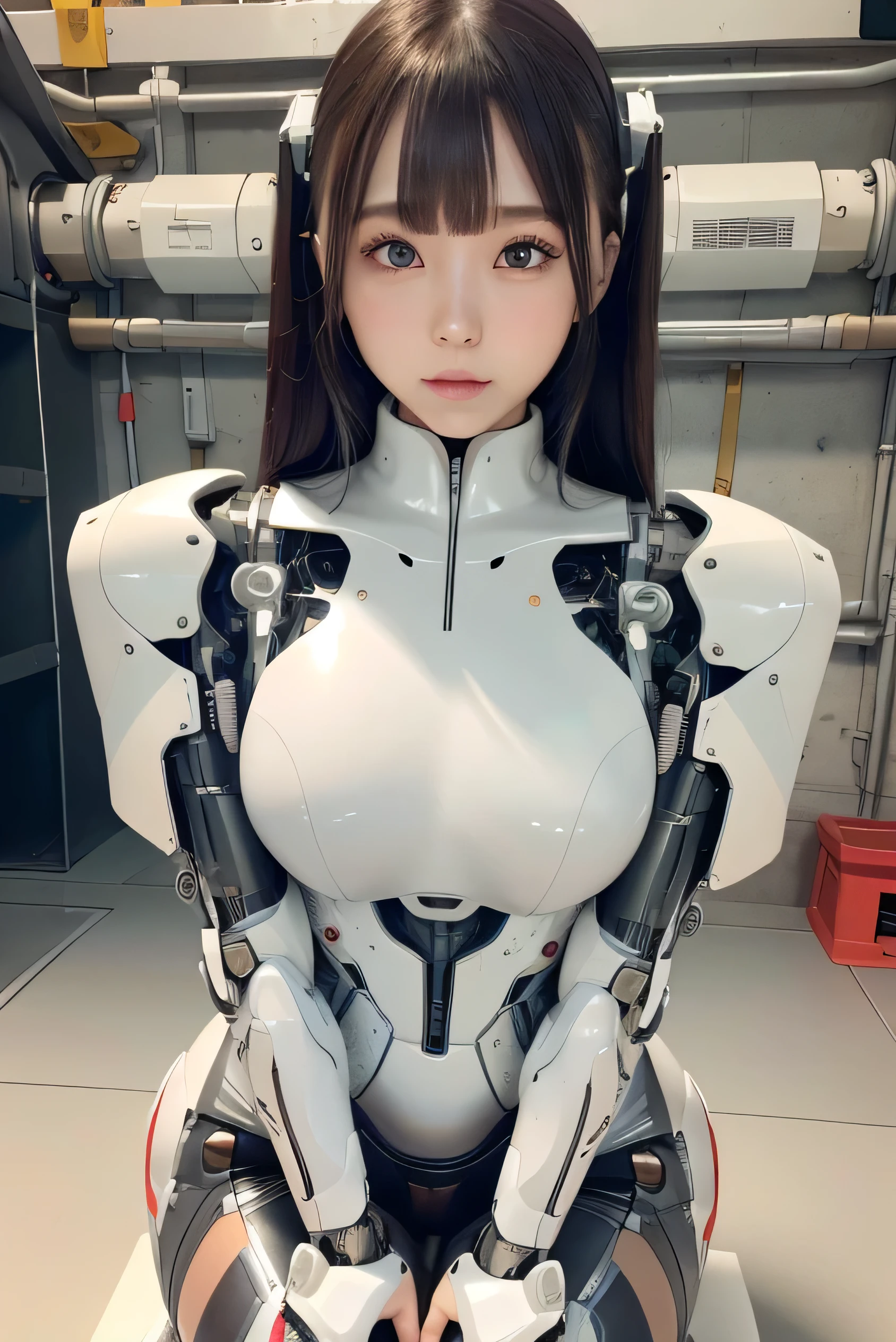 masterpiece, best quality, extremely detailed, Japanese android girl,Plump ,control panels,robot arms,robot,android,cyborg,white robot body,ceramic body,perfect robotgirl,blunt bangs,robot repair plant,chubby,pantyhose,platform sneaker,blue eyes,